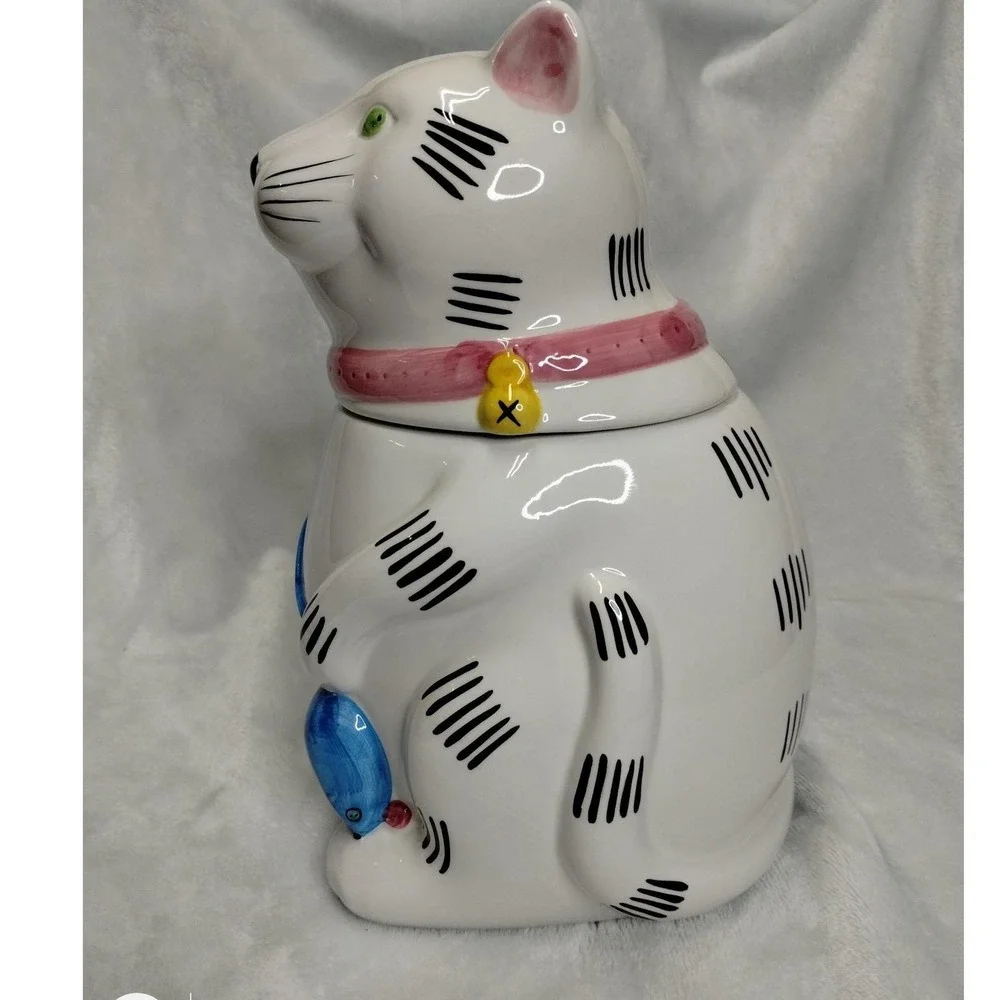 Vintage Ceramic Cat Cookie Jar‎ Taiwan White Cat w Mouse Yarn 1980s